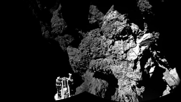 The first picture sent back of the Philae lander on the comet. 