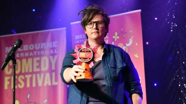 Gadsby with her Barry Award for the most outstanding performance at the 2017 Melbourne International Comedy Festival.