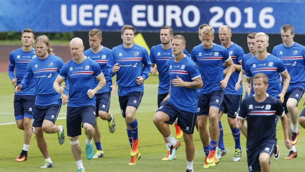 Iceland's players attend a training session at their base camp in Annecy, France.