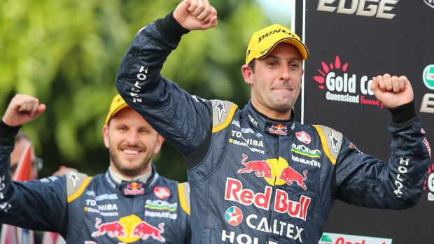 Jamie Whincup and Paul Dumberell celebrate after their victory in the Gold Coast 600.