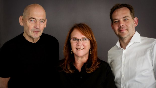 OMA architects Rem Koolhaas and David Gianotten with MPavilion founder Naomi Milgrom. 
