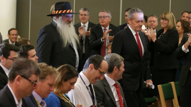 Opposition Leader Bill Shorten and Pat Dodson enter a joint press conference at Parliament House on Wednesday.