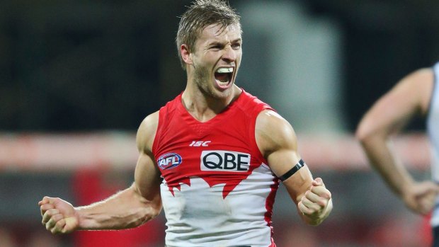 The Swans'  Kieren Jack celebrates one of his three goals in the win against Geelong in round 16.