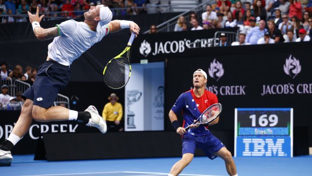 Dynamic duo:  Sam Groth and Lleyton Hewitt during their second round doubles match.