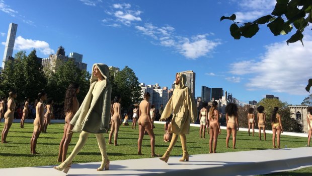 Some models fainted during the Yeezy Season 4 collection by Kanye West on Wednesday at the Franklin D. Roosevelt Four Freedoms Park on Roosevelt Island in New York.