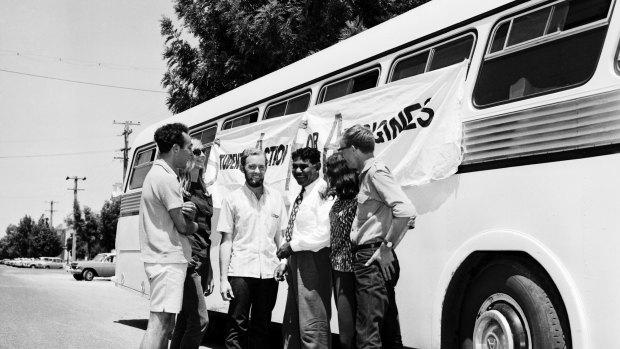 The Aboriginal Freedom Riders in Casino, New South Wales, on February 17, 1965. The Freedom Riders were a group of Sydney University students, motivated by the American civil rights movement, who boarded a bus to travel around regional New South Wales for two weeks. 