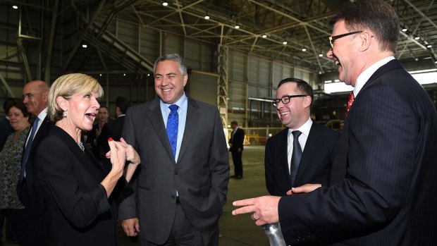 No official complaint: Foreign Affairs Minister Julie Bishop speaks with Australian Ambassador to the US designate Joe Hockey, Qantas CEO Alan Joyce and US Ambassador John Berry, at the launch of the G'Day USA program in Sydney.