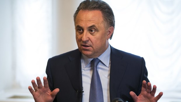 Russia's Sports Minister Vilaty Mutko gestures as he answers journalist's questions after their press tour of its anti doping laboratory in Moscow, Russia.