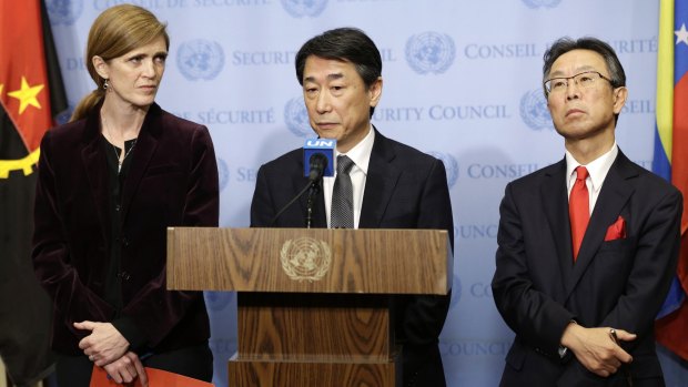 South Korean ambassador to the United Nations Oh Joon, centre, US ambassador Samantha Power, left, and Japanese ambassador Motohide Yoshikawa speak to reporters after a Security Council meeting on Wednesday.