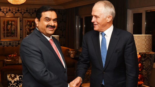 Adani Group founder and chairman Gautam Adani meets with Prime Minister Malcolm Turnbull in Delhi in April.