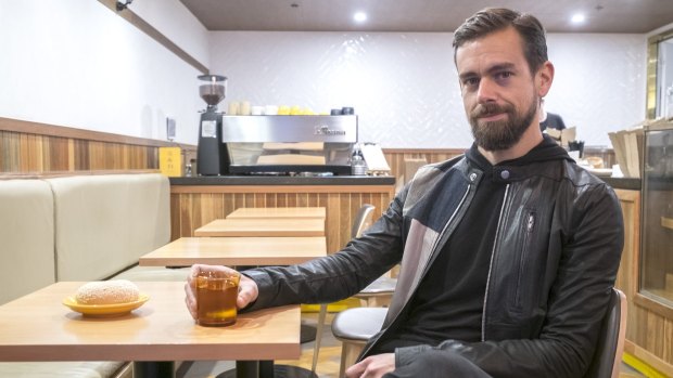 Chief executive and co-founder of Square and Twitter Jack Dorsey poses at 5 & Dime Bagel.