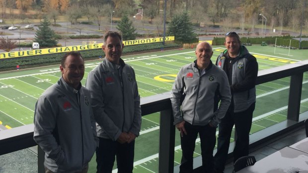 Canberra Raiders coach Ricky Stuart, chief executive Don Furner, football manager John Bonasera and commercial and marketing manager Jason Mathie at the Oregon Ducks' outdoor training field.