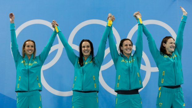 Emma McKeon, Brittany Elmslie, Bronte Campbell and Cate Campbell on the podium in Rio.