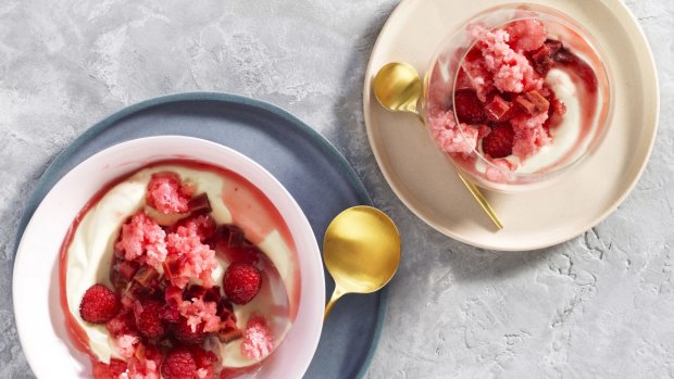 Andrew McConnell recipes:Â Poached rhubarb, raspberries, yoghurt and rose granita.
Photography by William Meppem (photographer on contract, no restrictions)