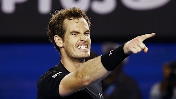 Murray points to his coach Amelie Mauresmo after defeating Tomas Berdych in the first men's semi-final.