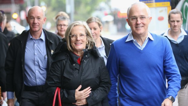 Prime Minister Malcolm Turnbull , with wife Lucy, at Bondi Junction on Saturday morning.