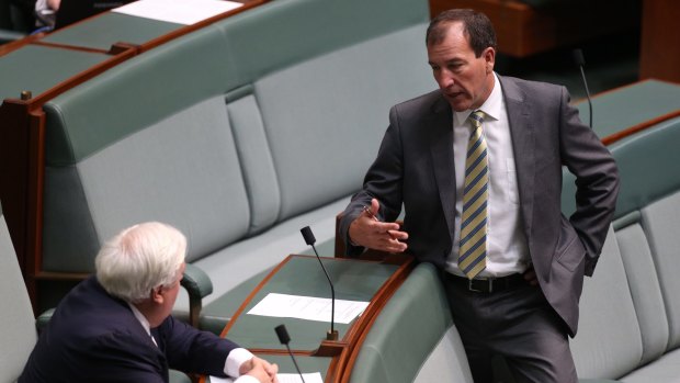 Mal Brough and Clive Palmer at Parliament House in Canberra on Tuesday.