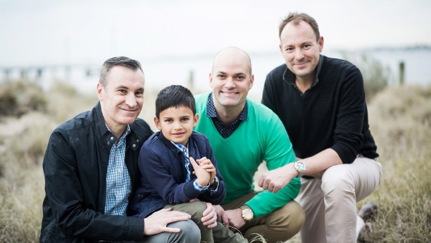 Jason Schutze-Stafford with his 7-year-old son Max Schutze-Stafford, former Brendan Schutze-Stafford (left) and current partner Wayne Noorman (right).