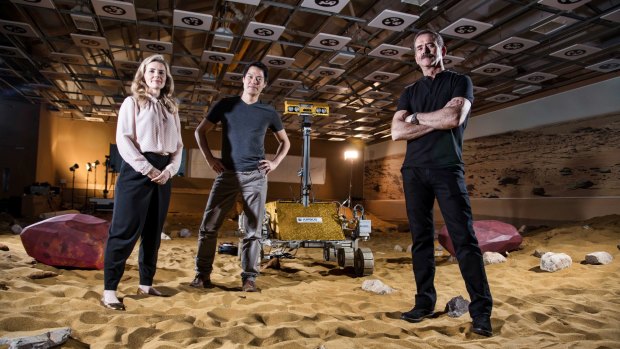 Dr Iya Whiteley, Dr Kevin Fong and Chris Hadfield in Stevenage to assess a test where the candidates control a Mars Rover.