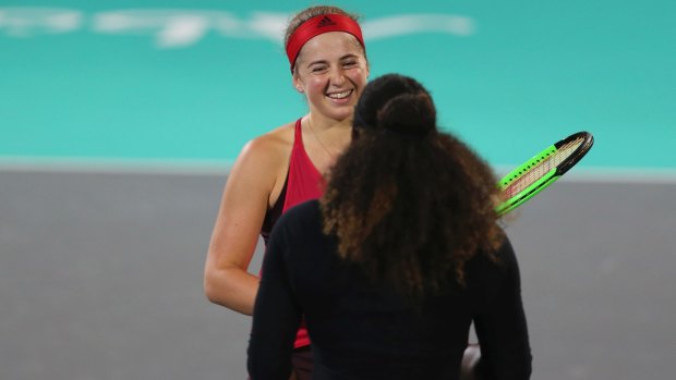 Jelena Ostapenko celebrates after beating her idol Serena Williams in an exhibition match, which was Williams' return after having her first child.