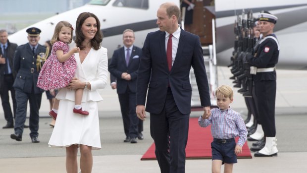 Prince William, and Catherine, Duchess of Cambridge, with their children Prince George and Princess Charlotte arrive in Warsaw, Poland.