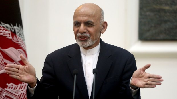 Under growing pressure from the Taliban ... Afghanistan's president Ashraf Ghani speaks during a press conference at presidential palace in Kabul on Tuesday.