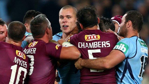 Hate against hate: David Klemmer and Corey Parker get acquainted during NSW's Origin II win in Melbourne last year.
