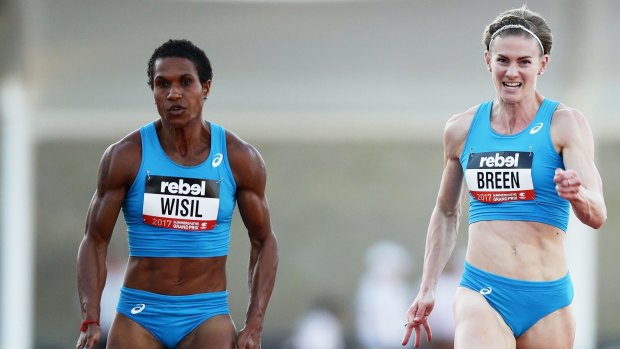 Toea Wisil nudges out Melissa Breen in a race in Canberra last month.