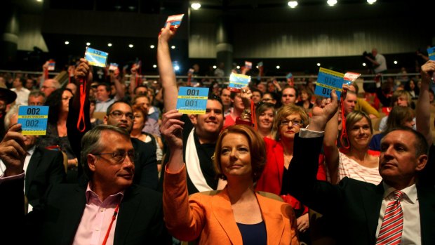 Then prime minister Julia Gillard voting for the sale of uranium to India at the Australian Labor Party National Conference in 2011.
