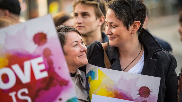 Trish and Christy Hackney-Westmore (recently legally married in NZ) at a marriage equality rally.