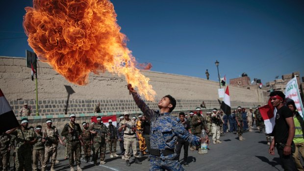 Houthi rebels at a parade in Sanaa, Yemen in January. Since then their alliance with former dictator Ali Abdullah Saleh has collapsed.