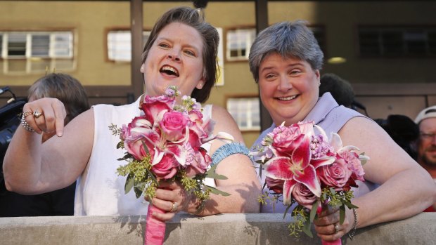 Mary Bishop, left, and Sharon Baldwin, right, married in Tulsa, Oklahoma on Monday. The couple were the lead plaintiffs who challenged Oklahoma's ban.