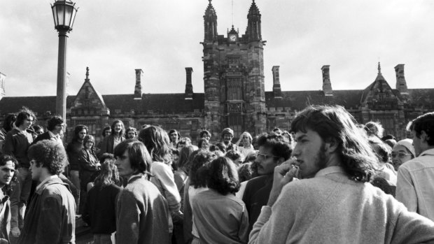 Before the change: in April 1972, when this photo was taken, tertiary students were more likely to be male, middle-class and white, but they were not necessarily brighter than the mix that attends now. 