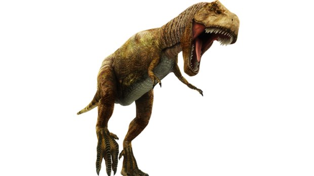 An artist's impression of a Tyrannosaurus rex, a predator with teeth the size of bananas, a massive head and tiny arms.
