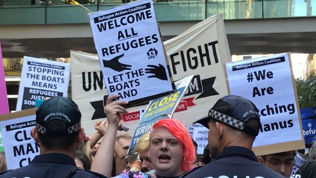 Protesters in Sydney's CBD on Thursday were chanting "refugees are welcome here".