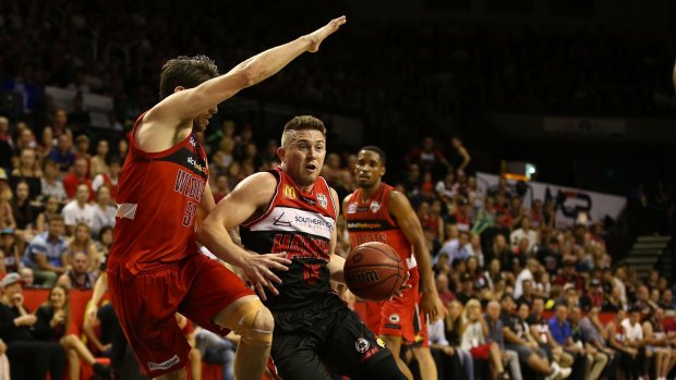 Rotnei Clarke of the Hawks drives to the basket during game two of the NBL Grand Final series between the Perth Wildcats and the Illawarra Hawks at WIN Entertainment Centre.
