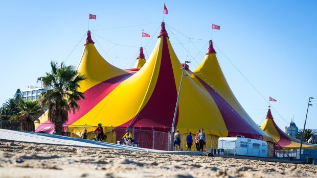 The Moscow Circus big top at St Kilda beach. The circus include horses, camels, llamas, water buffalos and macaw parrots.
