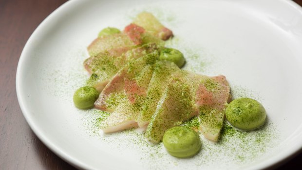 Cobia sashimi, pickled ginger and avocado.