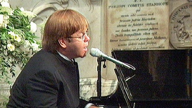 Elton John sings <i>Candle in the Wind</i> at the 1997 funeral of Diana, Princess of Wales. 