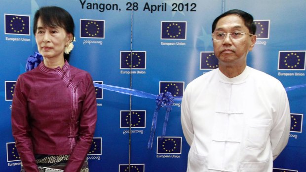 Myanmar NPL leader Aung San Suu Kyi and Myint Swe at the opening  of the EU office in Yangon.