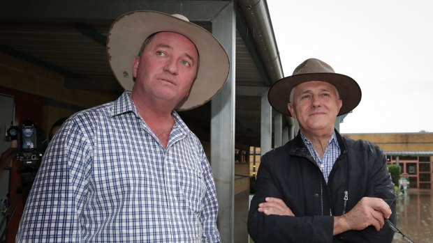 Barnaby Joyce and Malcolm Turnbull during Saturday's New England byelection.
