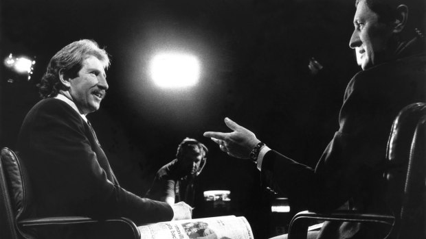 Max Walker, left, and Ken Sutcliffe, presenters of Channel Nine's Wide World of Sports program, in 1989.