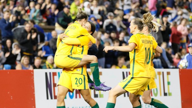 The Matildas celebrate Sam Kerr's second-half goal against Brazil on Tuesday night.