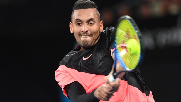 Nick Kyrgios smashes a two-handed backhand down the line against Viktor Troicki at Hisense Arena.