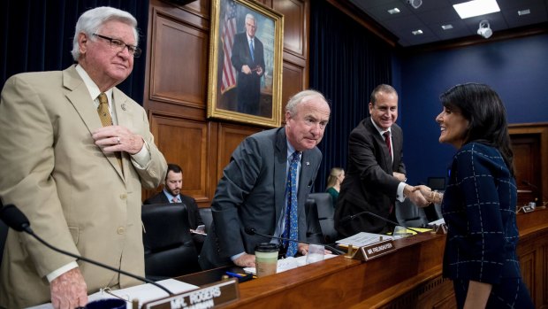 Nikki Haley, right, was grilled by Republican members of the House, including  Appropriations chairman Rodney Frelinghuysen, centre, and House State, Foreign Operations and Related Programs subcommittee chairman Hal Rogers, left.