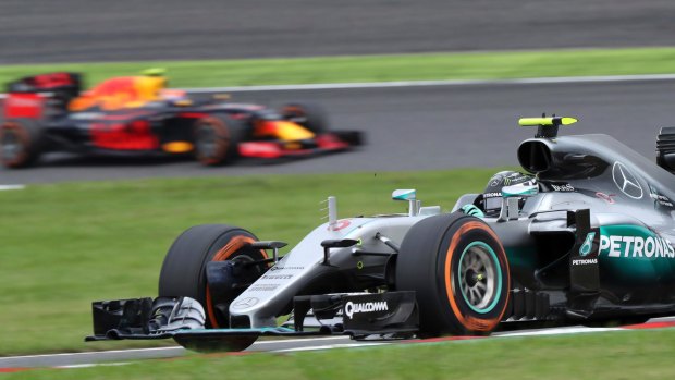 Out in front: Rosberg's Mercedes leads Red Bull driver Max Verstappen.