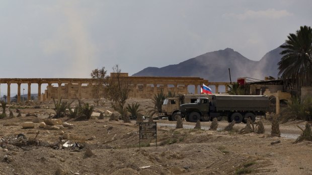 Russian army vehicles are seen in the ancient city of Palmyra last week.