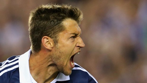 Matthieu Delpierre celebrates scoring a goal against Western Sydney Wanderers. 