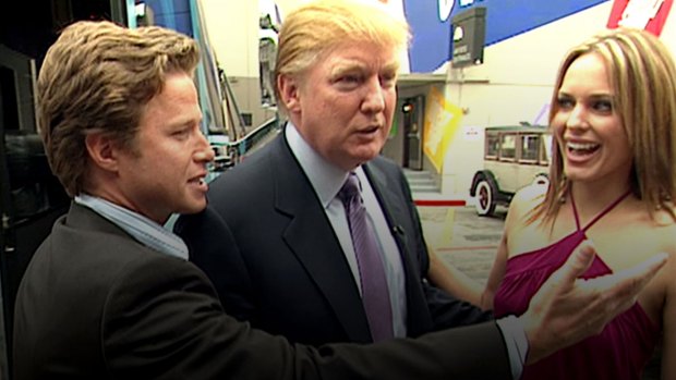  host Billy Bush, Donald Trump and actor Arianne Zucker in 2005, on the day of the infamous tape recording.