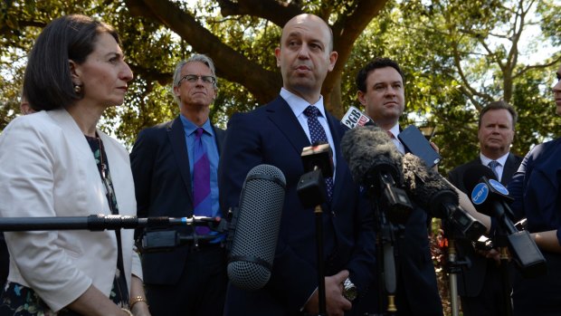 NSW Premier Gladys Berejiklian, Football Federation Australia chief David Gallop, NRL boss Todd Greenberg, Sports Minister Stuart Ayres, and Australian Rugby Union chief Bill Pulver at the announcement of $2 billion in funding for the new stadiums.